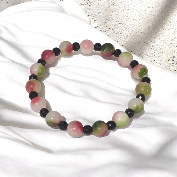 Handcrafted Watermelon Tourmaline Black Glass Bracelet - Picture 2 of 4